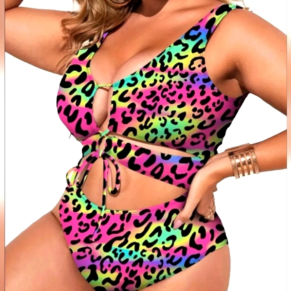 Colorful Leopard Print Women's One Piece Swimsuit Sz 4X